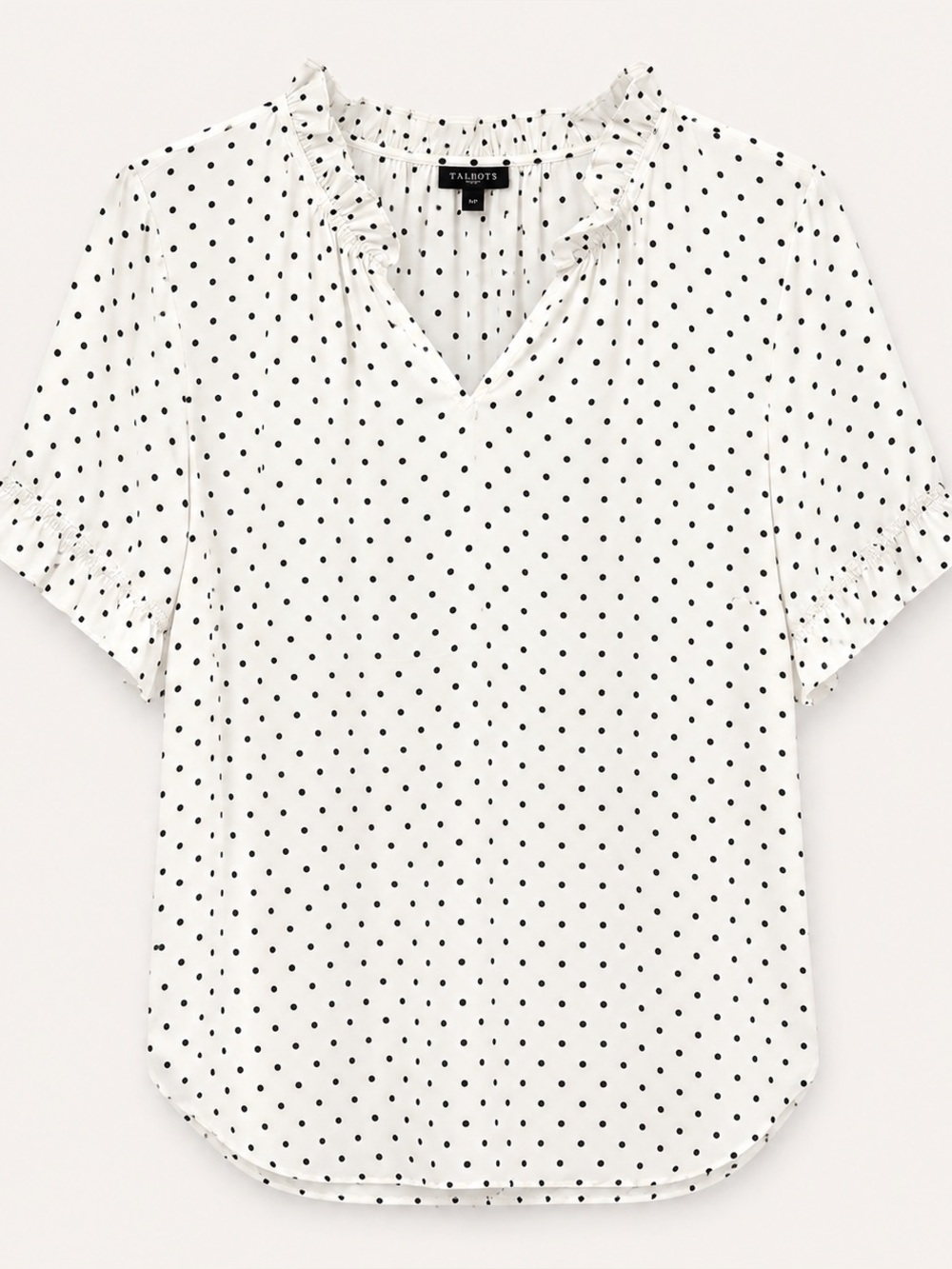 Talbots White and Blue Polka Dot Short Sleeve Ruffle-Neck Blouse